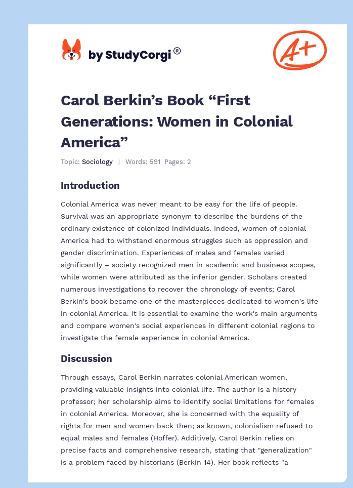 Carol Berkin’s Book “First Generations: Women in Colonial America”. Page 1