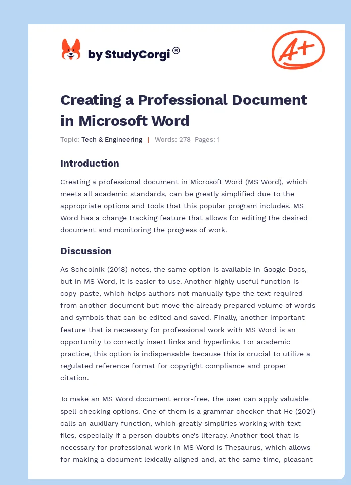Creating a Professional Document in Microsoft Word. Page 1