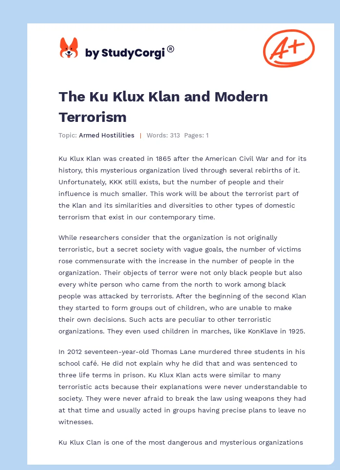 The Ku Klux Klan and Modern Terrorism. Page 1