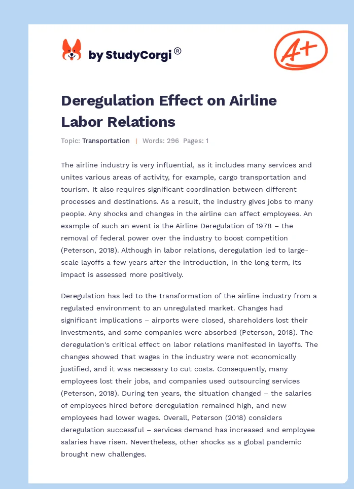 Deregulation Effect on Airline Labor Relations. Page 1