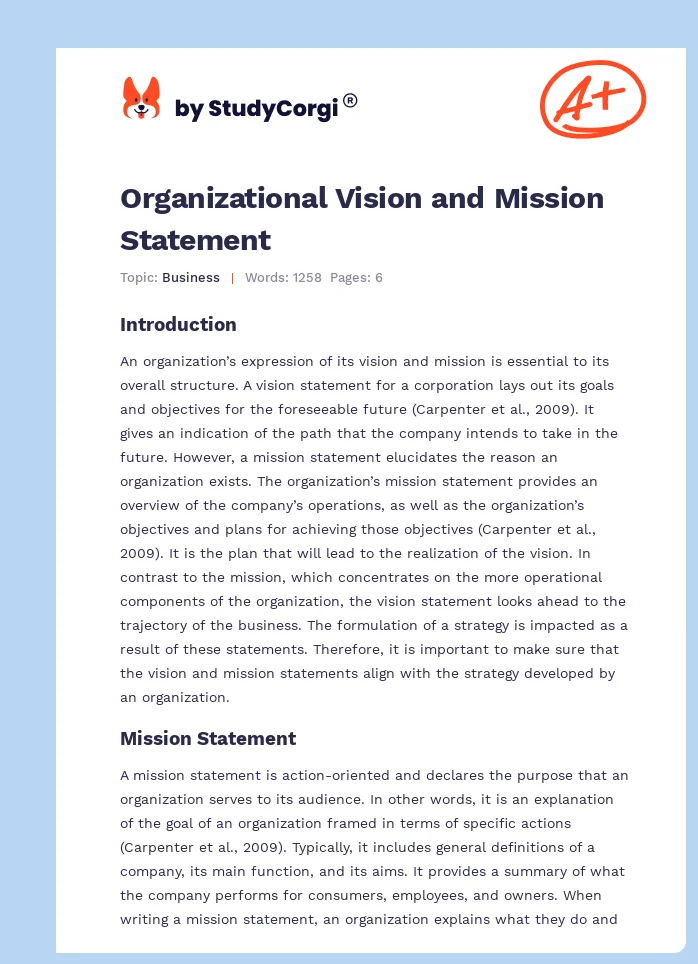 Organizational Vision and Mission Statement. Page 1