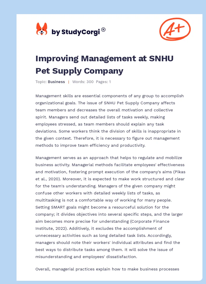 Improving Management at SNHU Pet Supply Company. Page 1