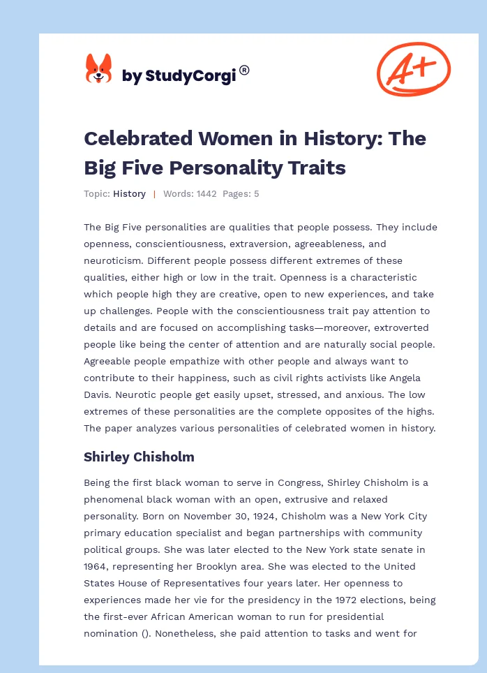 Celebrated Women in History: The Big Five Personality Traits. Page 1