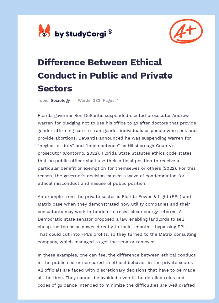 Difference Between Ethical Conduct in Public and Private Sectors. Page 1