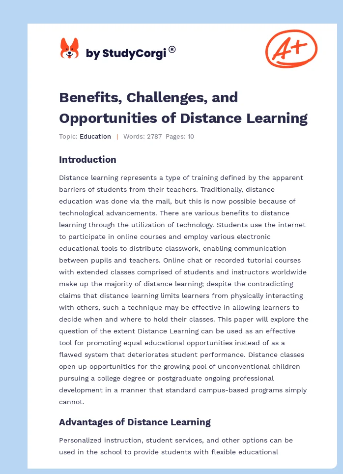 Distance Learning: Pros and Cons. Page 1