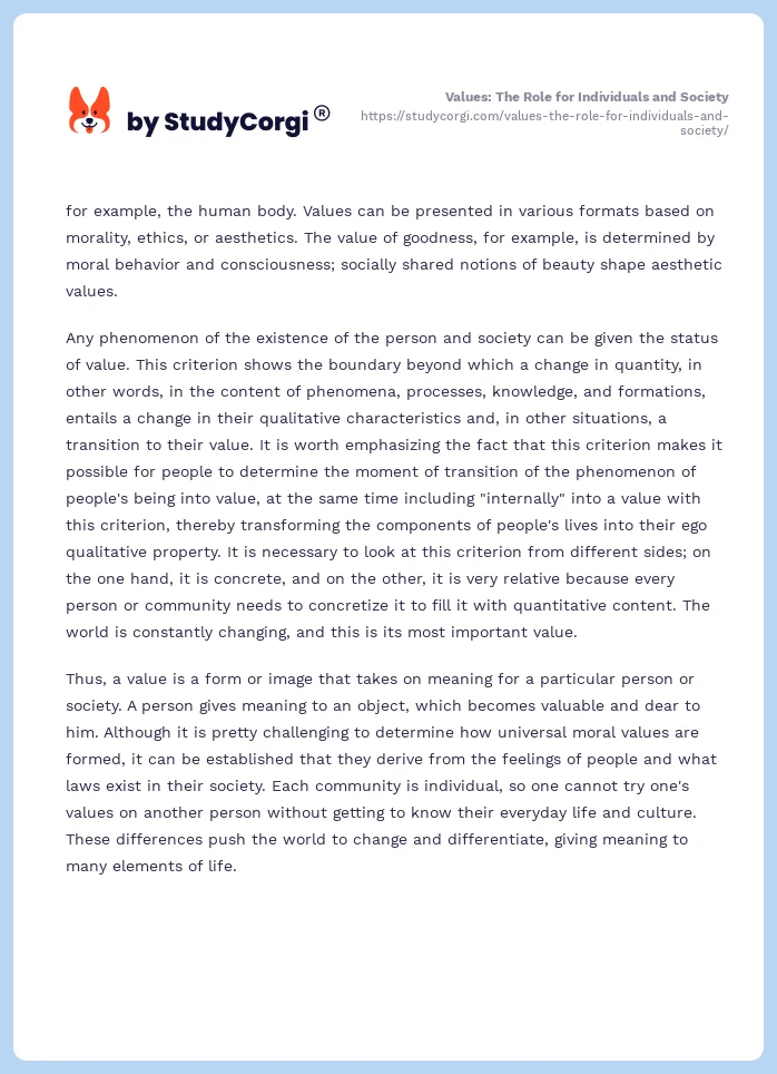 Values: The Role for Individuals and Society. Page 2