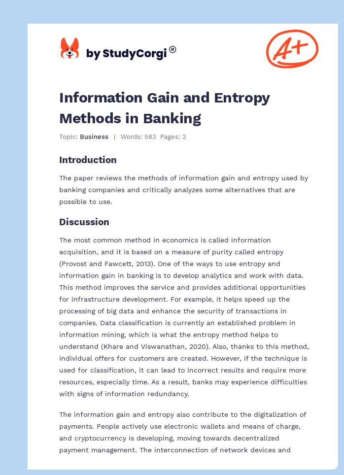 Information Gain and Entropy Methods in Banking. Page 1