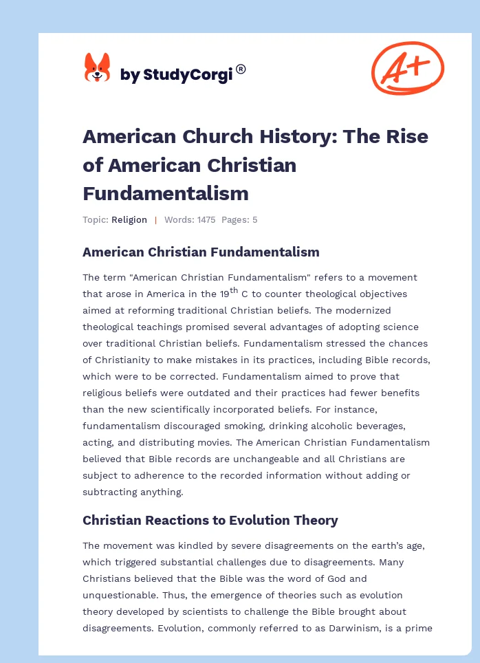 American Church History: The Rise of American Christian Fundamentalism. Page 1