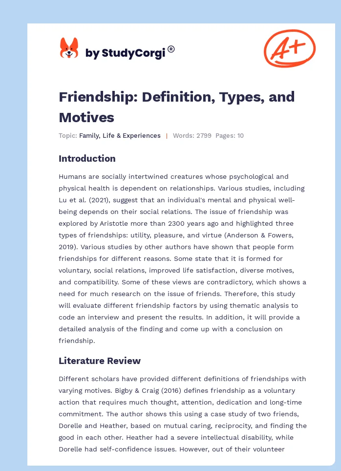 Friendship: Definition, Types, and Motives. Page 1