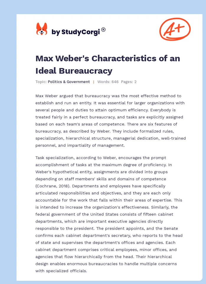 Max Weber's Characteristics of an Ideal Bureaucracy. Page 1