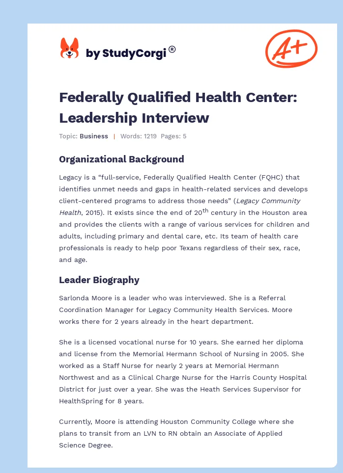 Federally Qualified Health Center: Leadership Interview. Page 1