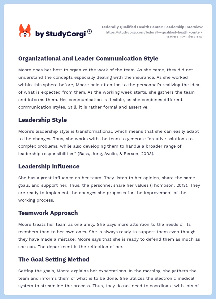 Federally Qualified Health Center: Leadership Interview. Page 2