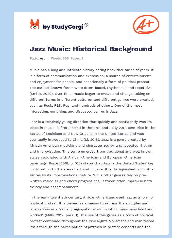 Jazz Music: Historical Background. Page 1