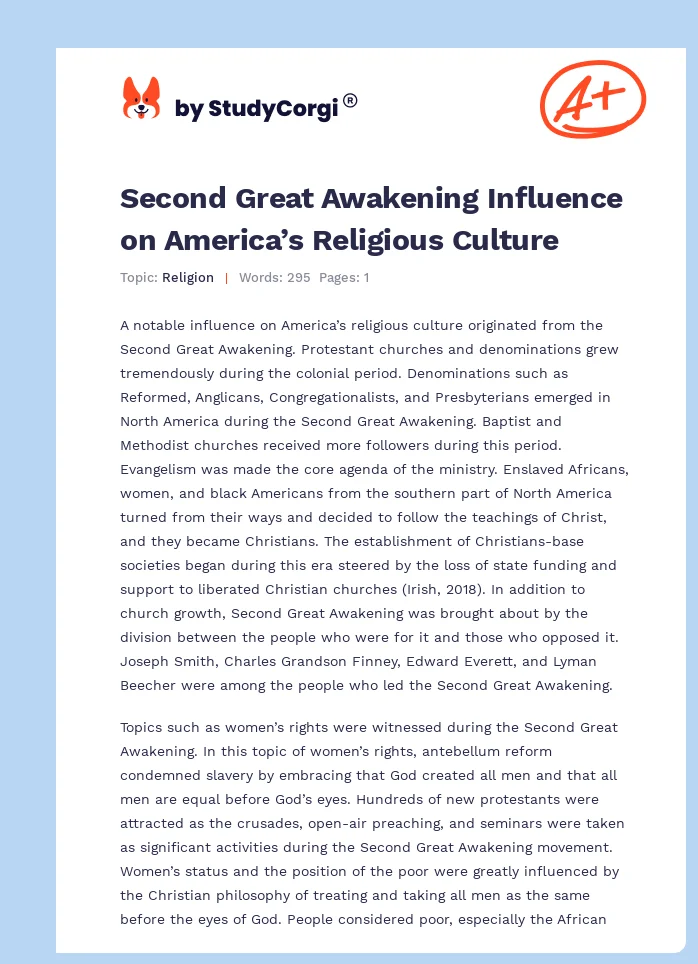 Second Great Awakening Influence on America’s Religious Culture. Page 1