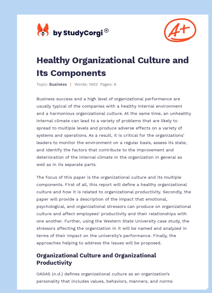 Healthy Organizational Culture and Its Components. Page 1