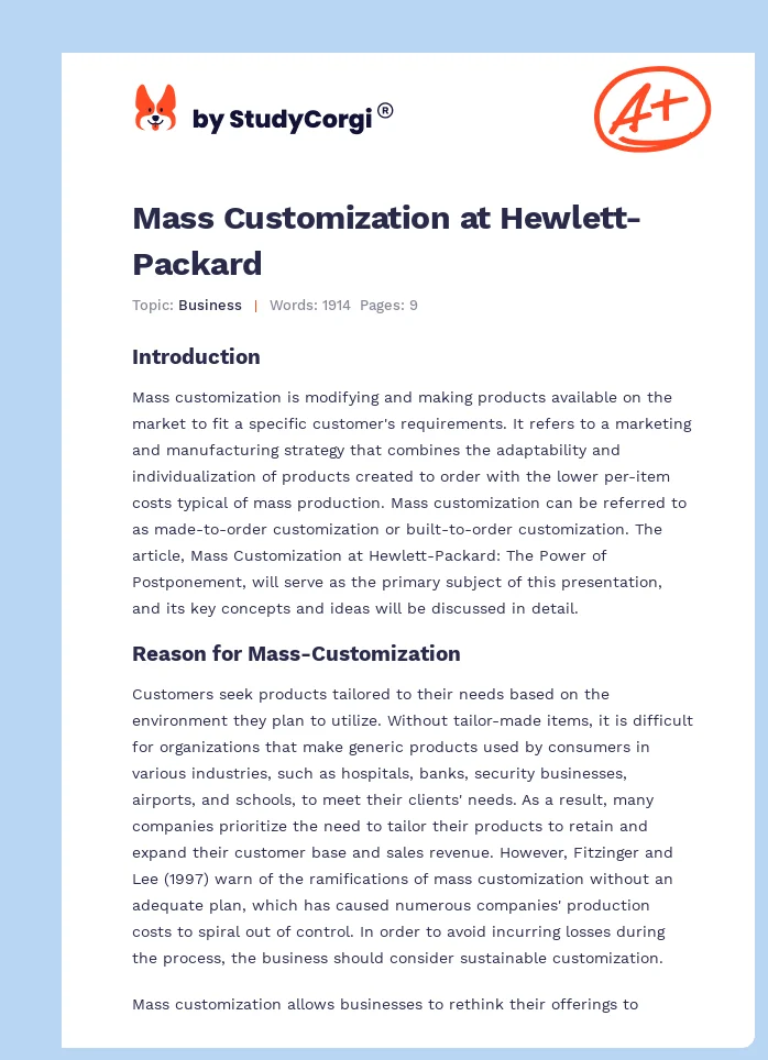 Mass Customization at Hewlett-Packard. Page 1