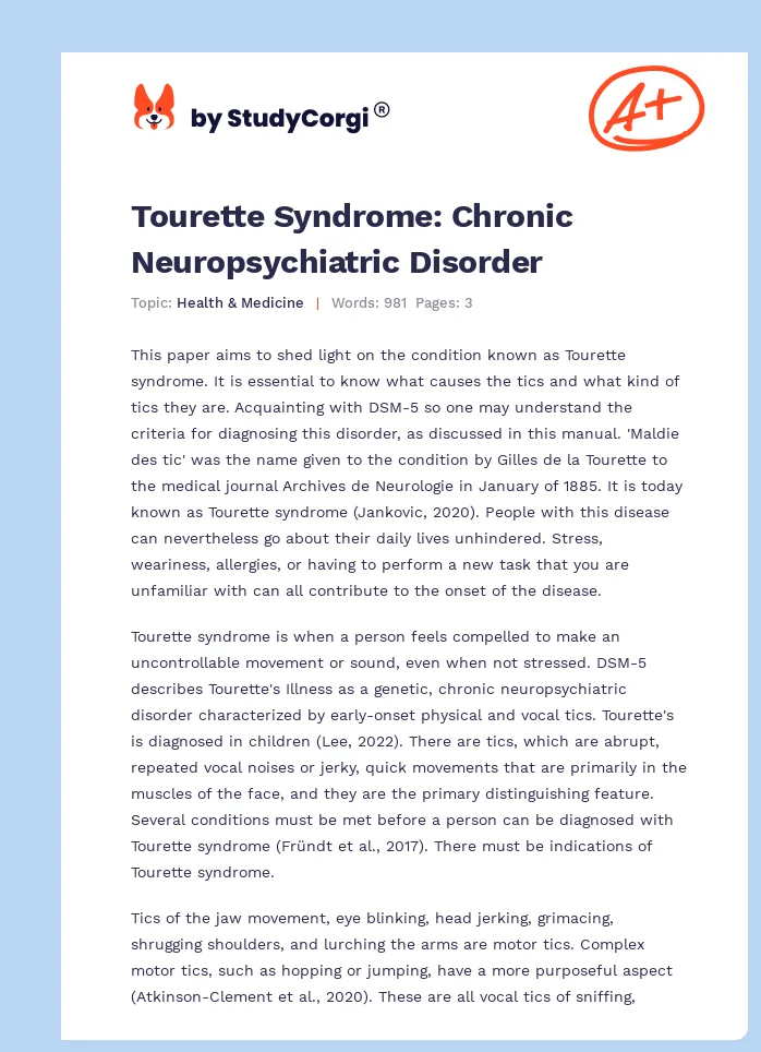 Tourette Syndrome: Chronic Neuropsychiatric Disorder. Page 1