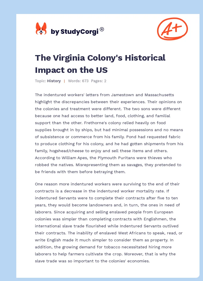 The Virginia Colony's Historical Impact on the US. Page 1