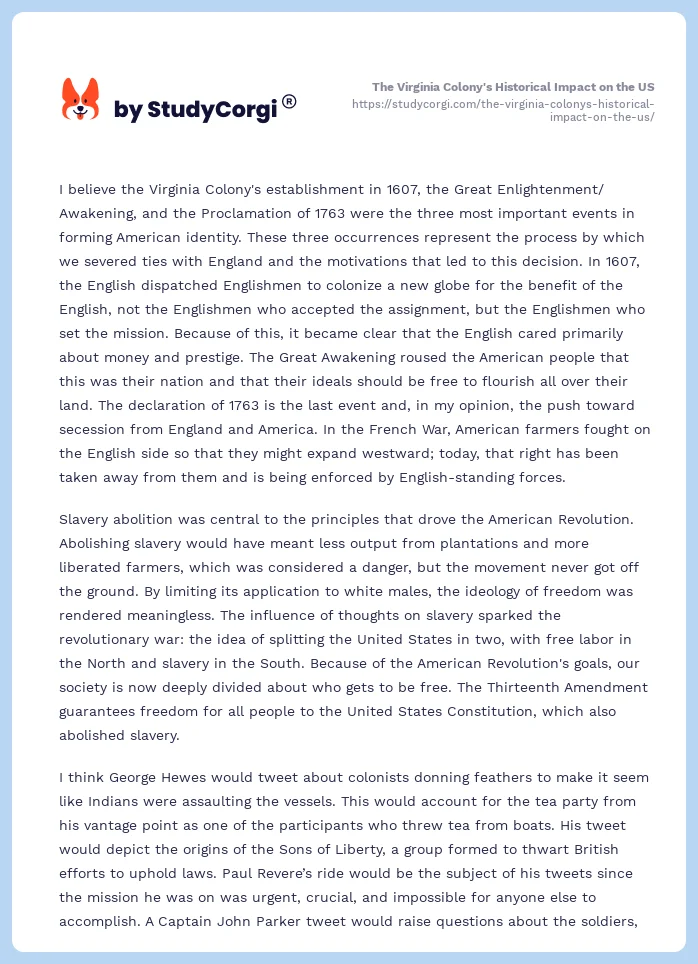The Virginia Colony's Historical Impact on the US. Page 2