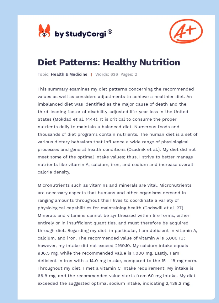 Diet Patterns: Healthy Nutrition. Page 1