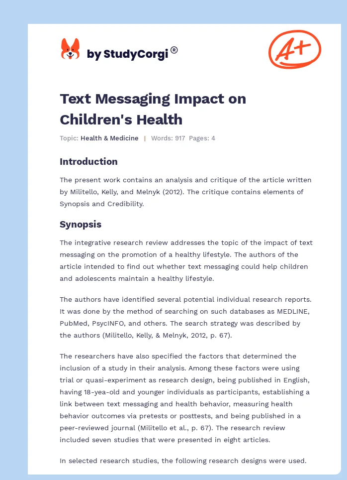 Text Messaging Impact on Children's Health. Page 1