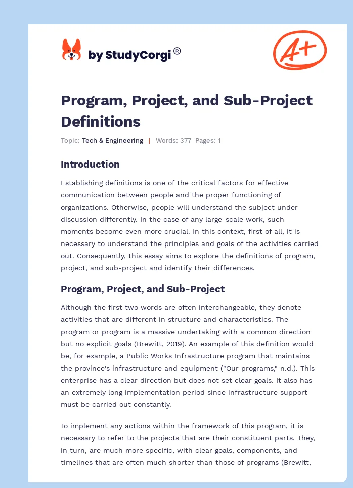 Program, Project, and Sub-Project Definitions. Page 1