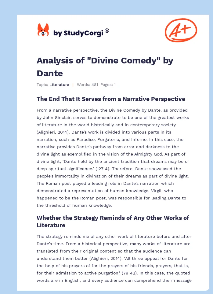 Analysis of "Divine Comedy" by Dante. Page 1