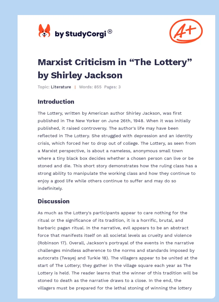 Marxist Criticism in “The Lottery” by Shirley Jackson. Page 1