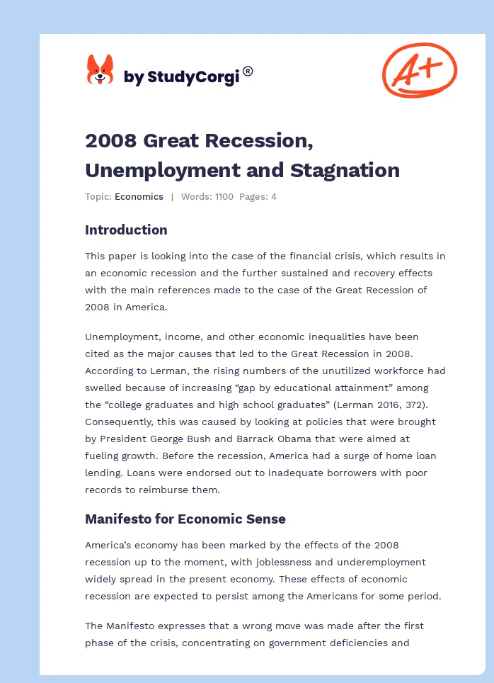2008 Great Recession, Unemployment and Stagnation. Page 1