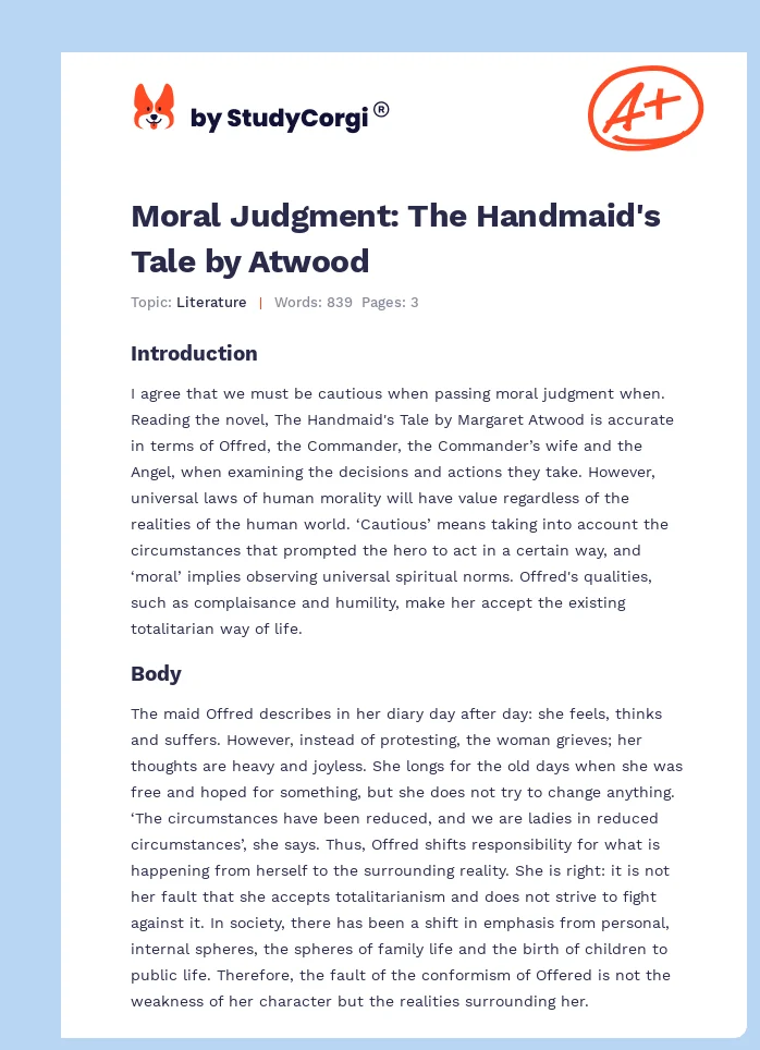 Moral Judgment: The Handmaid's Tale by Atwood. Page 1
