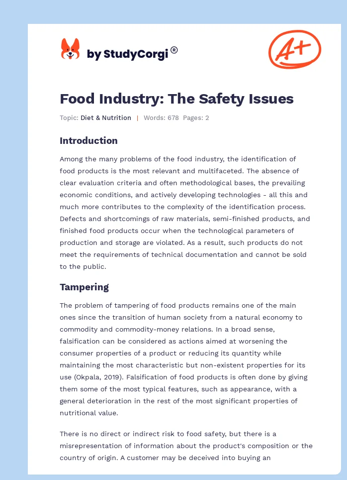 Food Industry: The Safety Issues. Page 1
