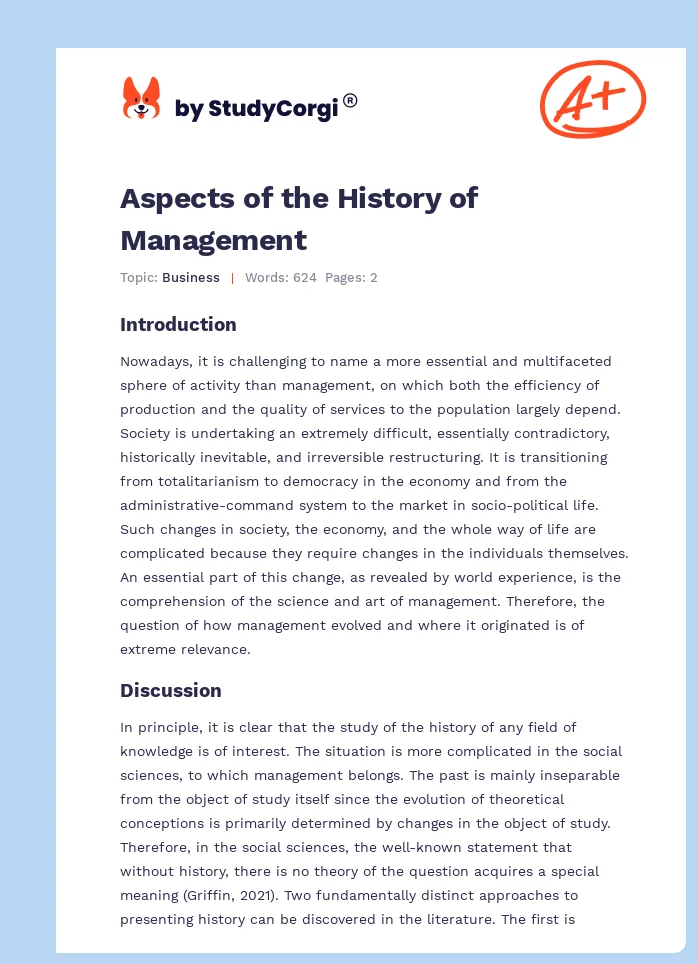 Aspects of the History of Management. Page 1