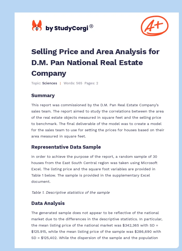 Selling Price and Area Analysis for D.M. Pan National Real Estate Company. Page 1
