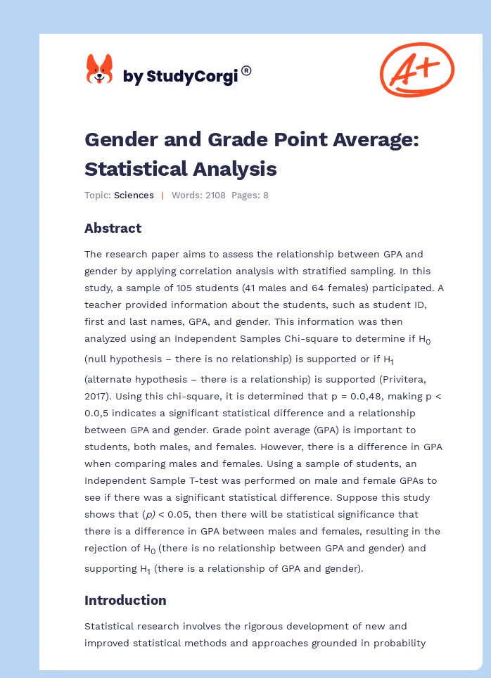 Gender and Grade Point Average: Statistical Analysis. Page 1