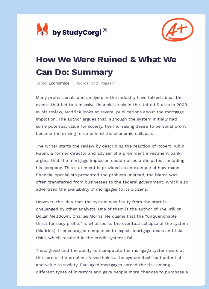 How We Were Ruined & What We Can Do: Summary. Page 1