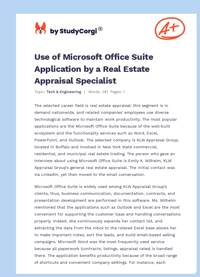 Use of Microsoft Office Suite Application by a Real Estate Appraisal Specialist. Page 1