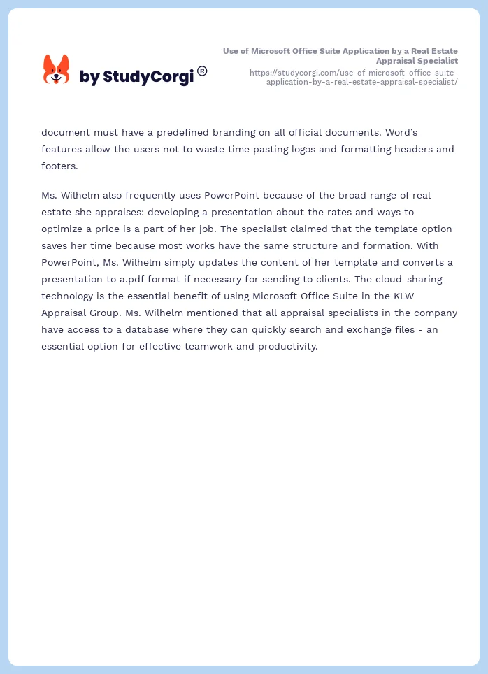 Use of Microsoft Office Suite Application by a Real Estate Appraisal Specialist. Page 2