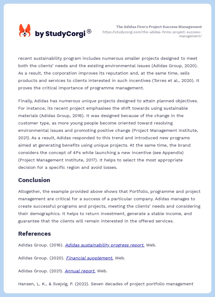 The Adidas Firm's Project Success Management. Page 2