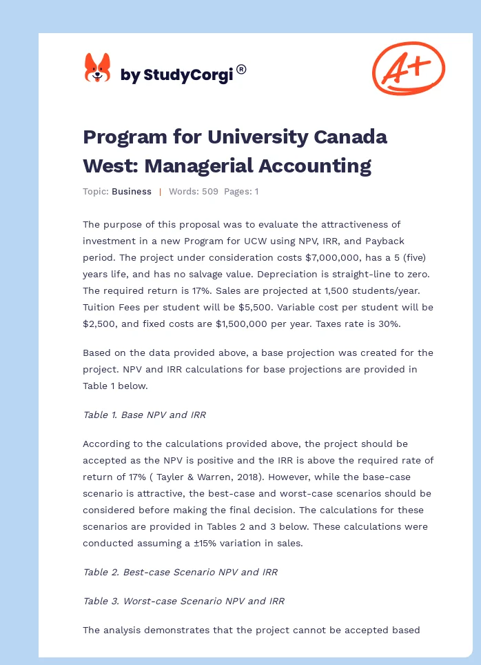 Program for University Canada West: Managerial Accounting. Page 1