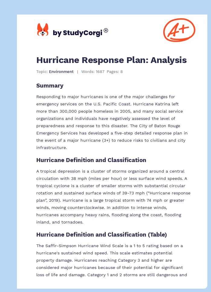 Hurricane Response Plan: Analysis. Page 1