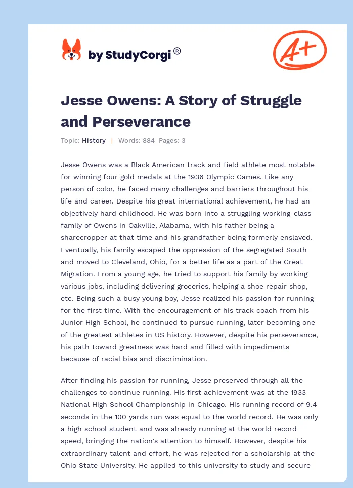 Jesse Owens: A Story of Struggle and Perseverance. Page 1
