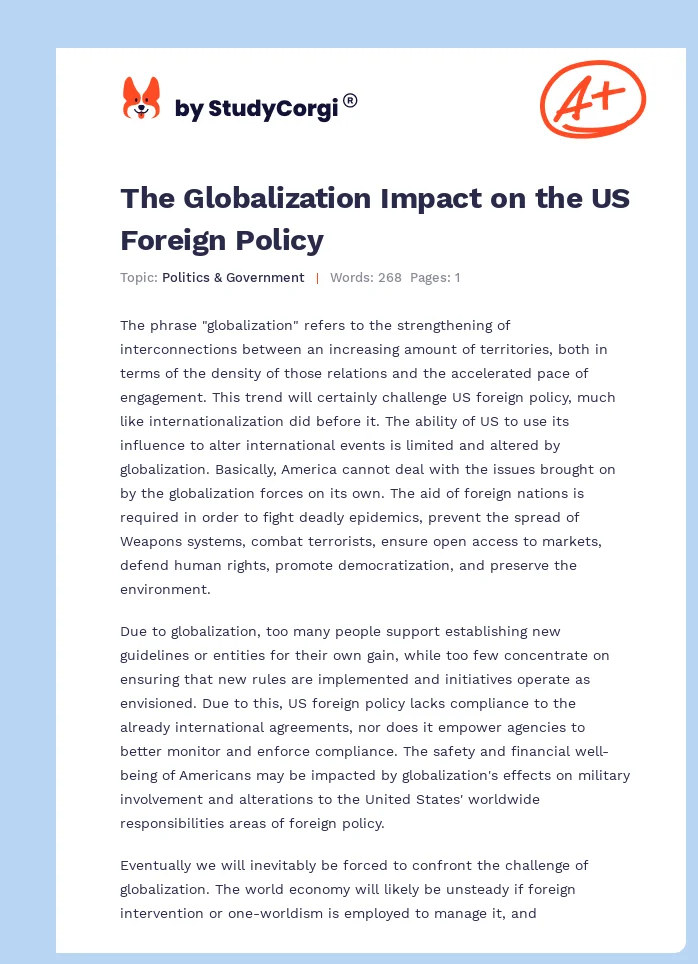 The Globalization Impact on the US Foreign Policy. Page 1