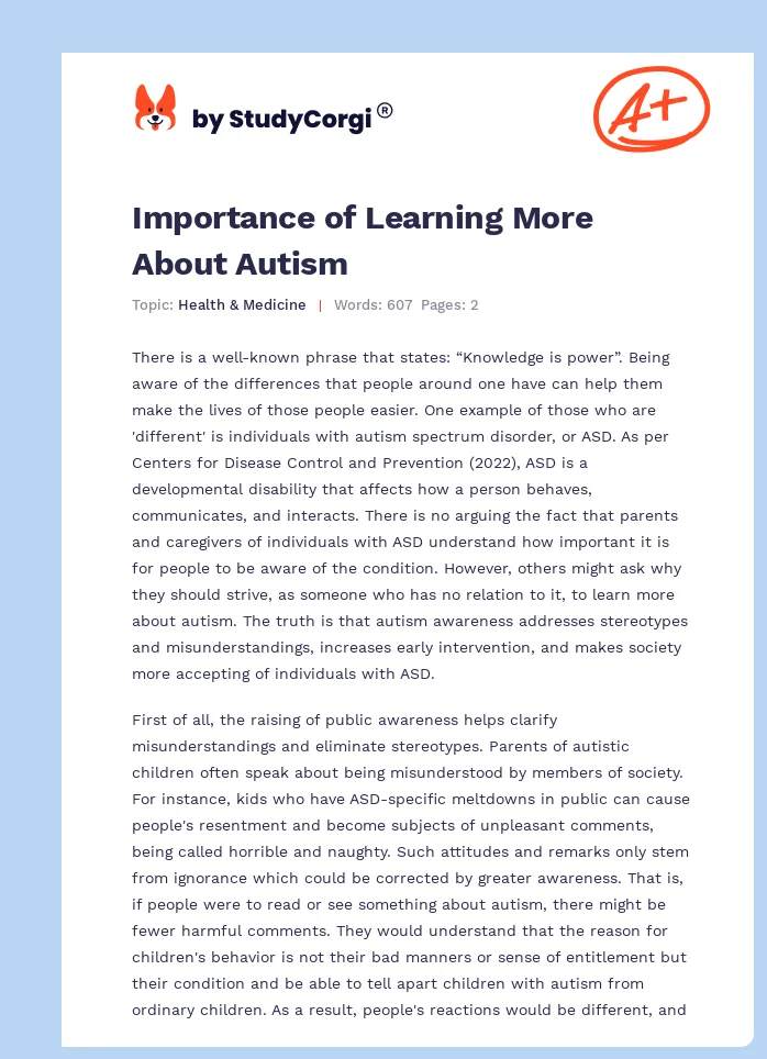 Importance of Learning More About Autism. Page 1