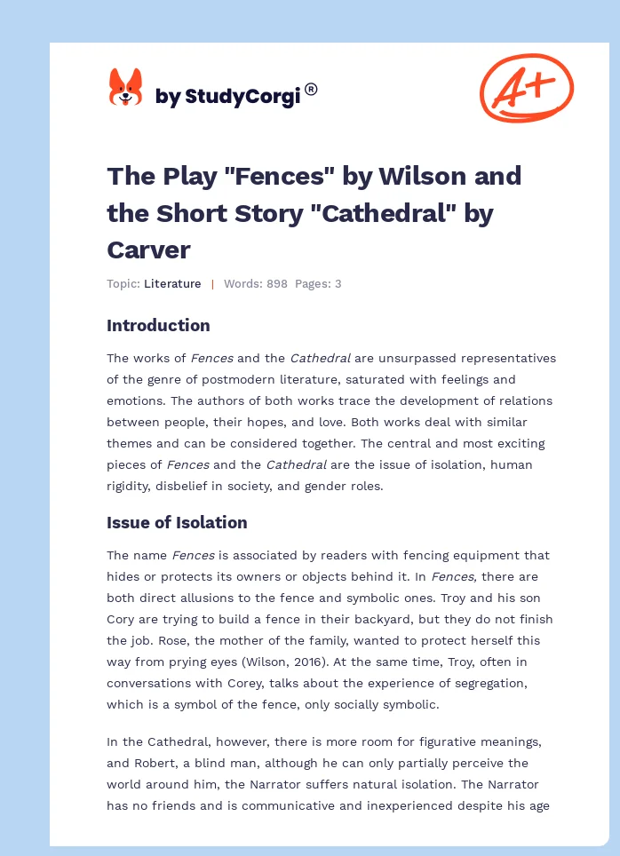 The Play "Fences" by Wilson and the Short Story "Cathedral" by Carver. Page 1