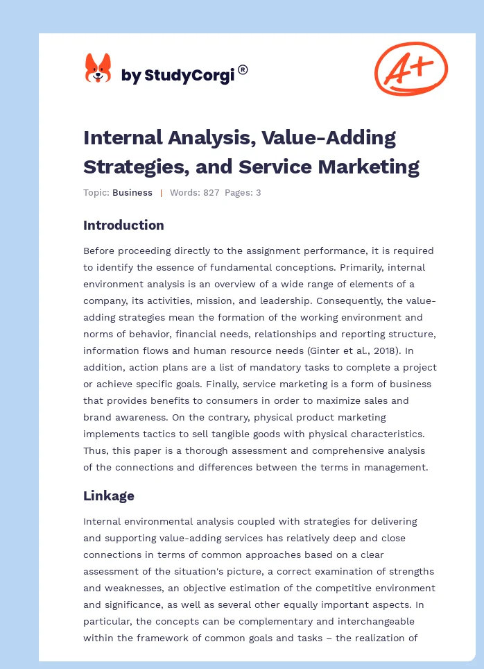 Internal Analysis, Value-Adding Strategies, and Service Marketing. Page 1