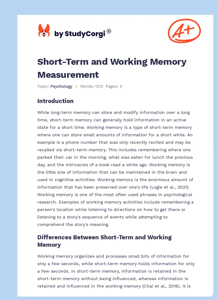 Short-Term and Working Memory Measurement. Page 1