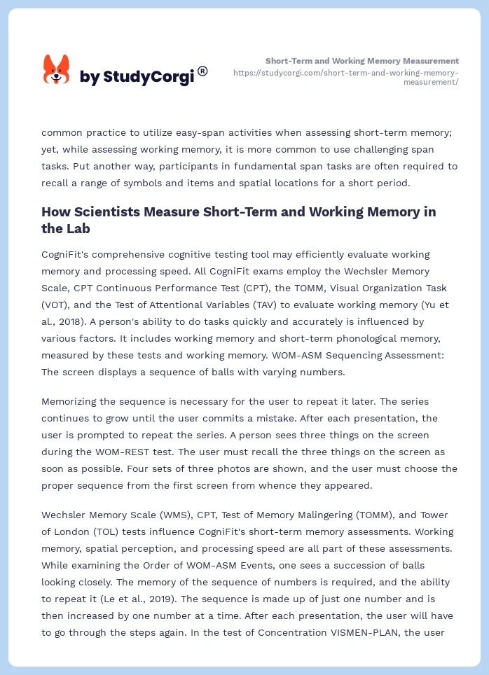 Short-Term and Working Memory Measurement. Page 2
