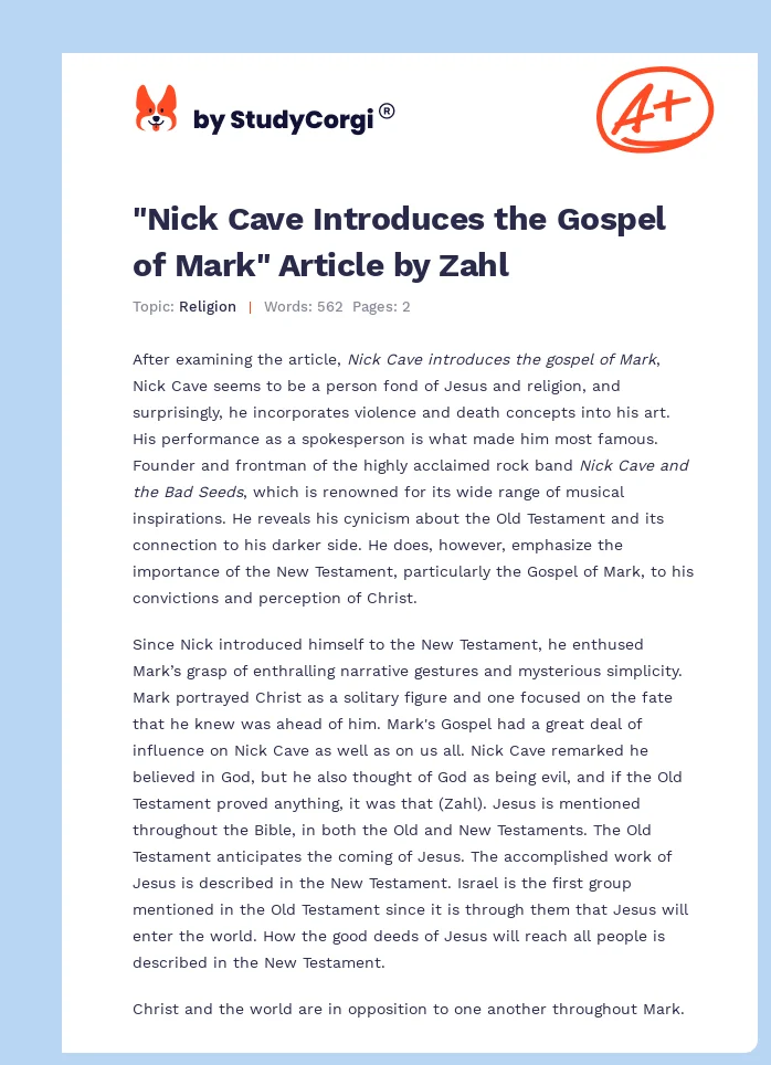 "Nick Cave Introduces the Gospel of Mark" Article by Zahl. Page 1