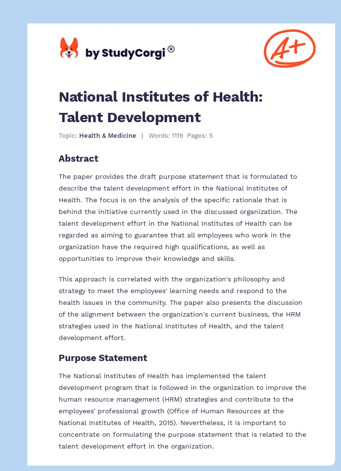 National Institutes of Health: Talent Development. Page 1