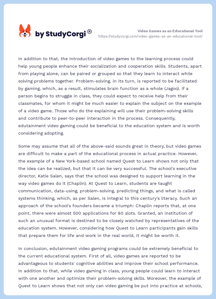 Video Games in Education - Free Essay Example - 1258 Words